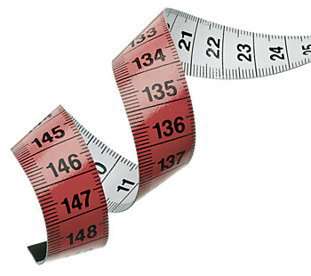 Drooping blue-white measuring tape with the unit centimetres