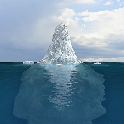 Iceberg the smaller part of which is above the water and the predominant part of which is underwater.