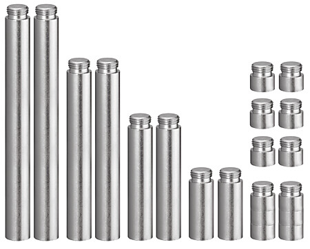Conjunto completo de barras de extensão PeniMaster e PeniMaster PRO que consiste em barras roscadas de 0,5cm, 2cm, 4cm, 6cm e 8cm