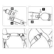 Instruções sucintas ilustradas, fixação do cinto à anca e base PeniMaster PRO